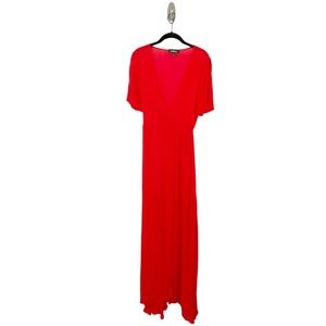 Lulu’s Much Obliged Dress Medium Red Maxi Full Wrap V-Neck Gauze Size Large